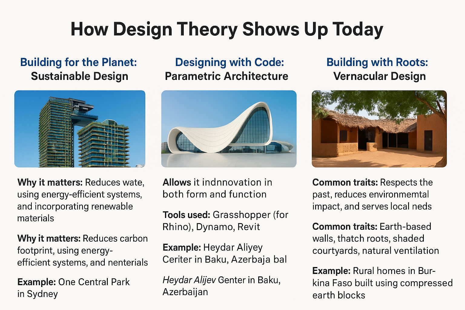 Three modern architecture theories with global examples and traits.
