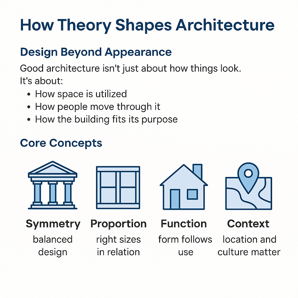 Infographic illustrating architecture theory concepts: symmetry, proportion, function, and context.