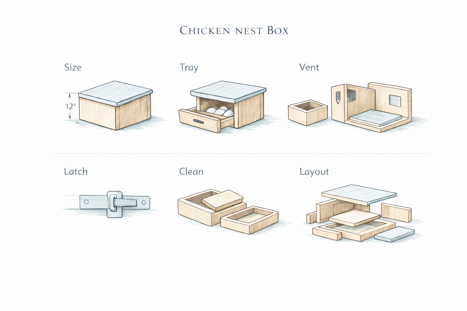 DIY roll-away chicken nest box design showing size, tray, vent, latch, clean tray, and layout.