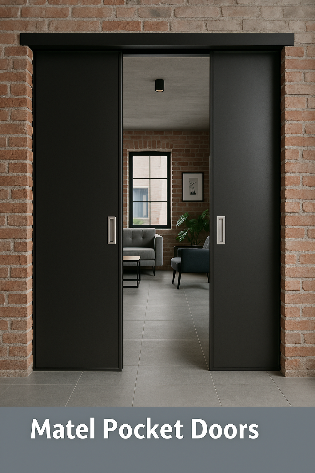 Matte black metal pocket doors set into a brick wall, revealing an industrial-style loft with concrete floors and minimalist decor