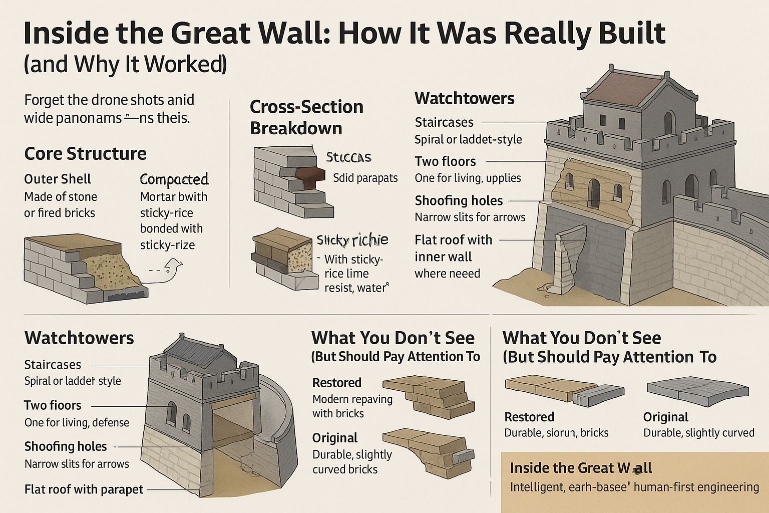 Infographic explaining interior construction of the Great Wall, including core structure, watchtower anatomy, layered cross-section, and walkway details.