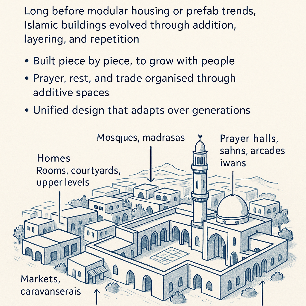 llustrated diagram showing how Islamic cities and buildings used additive form, with labeled mosques, homes, markets, and prayer halls organized by layering and repetition.