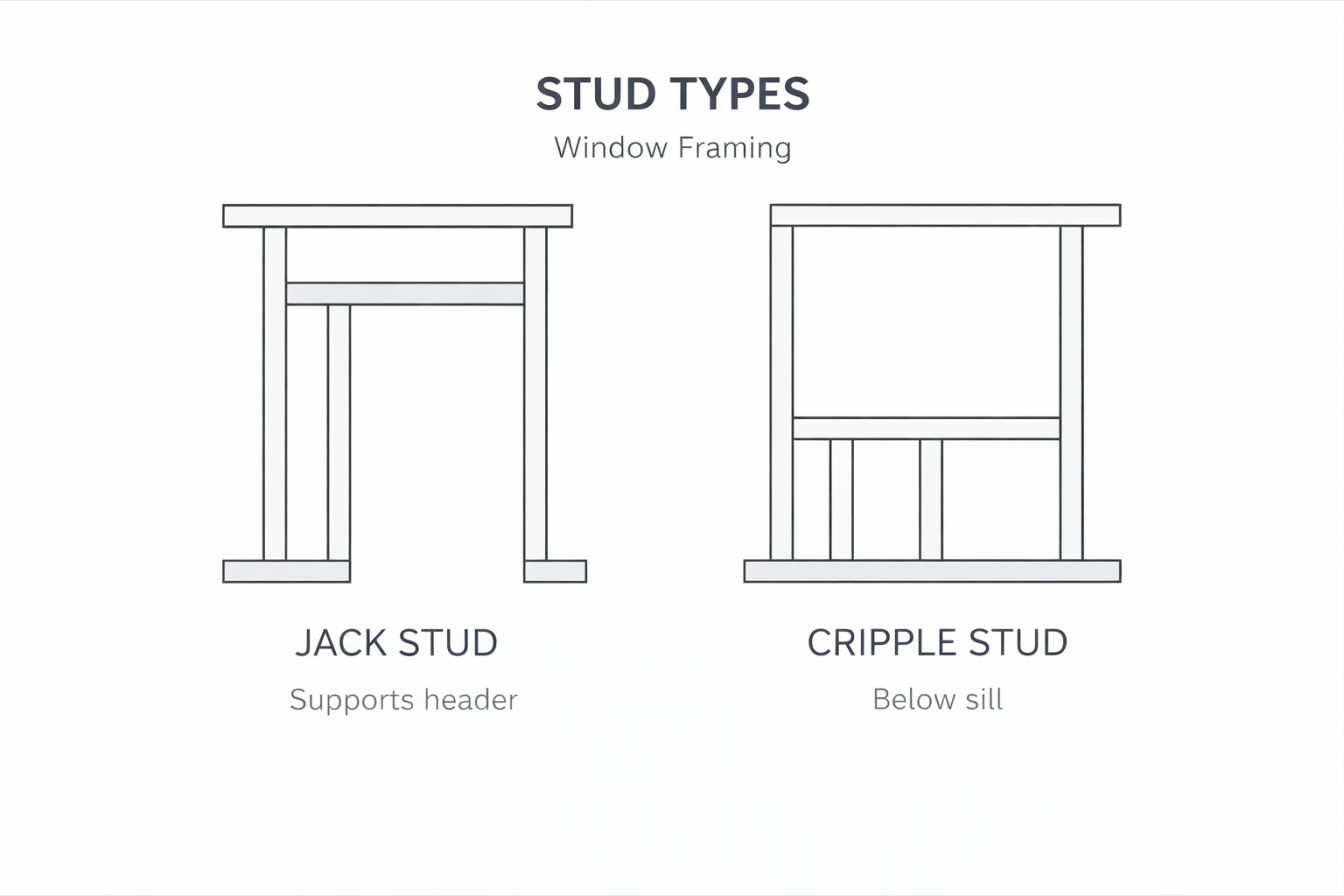 Jack stud vs cripple stud window framing comparison diagram.