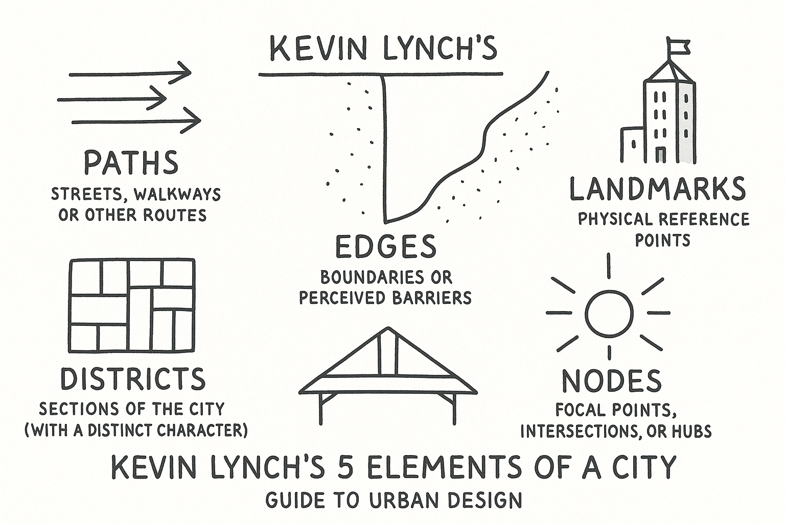 Infographic of Kevin Lynch’s 5 city elements: paths, edges, districts, nodes, landmarks.