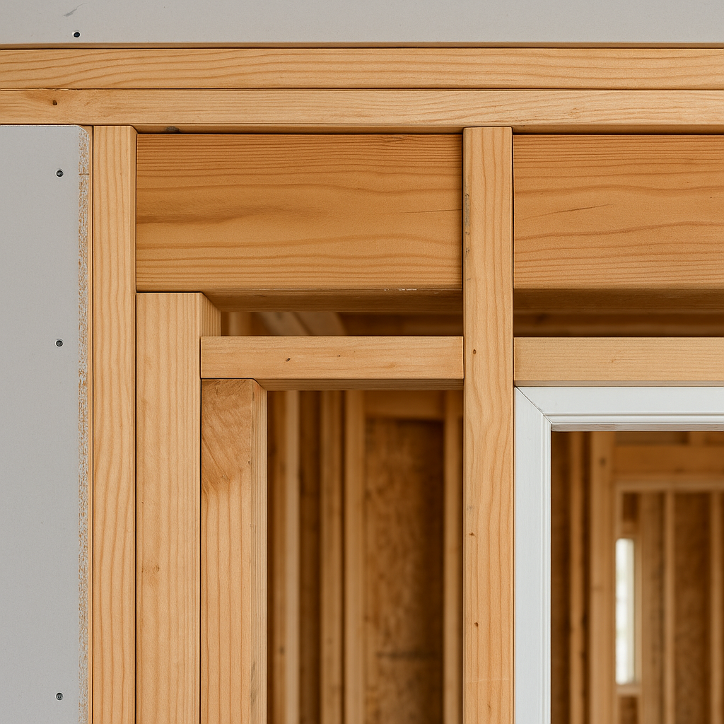 Real framed doorway showing king and jack studs, header, and casing.