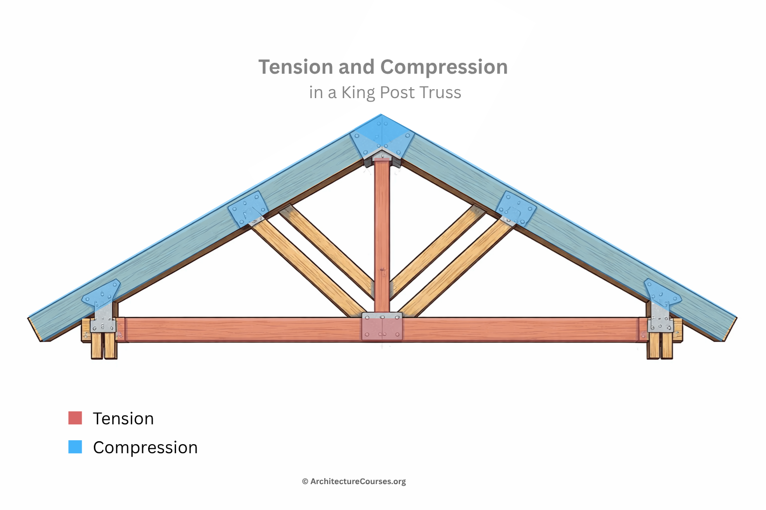 Tension and compression in a king post truss shown with color-coded members.