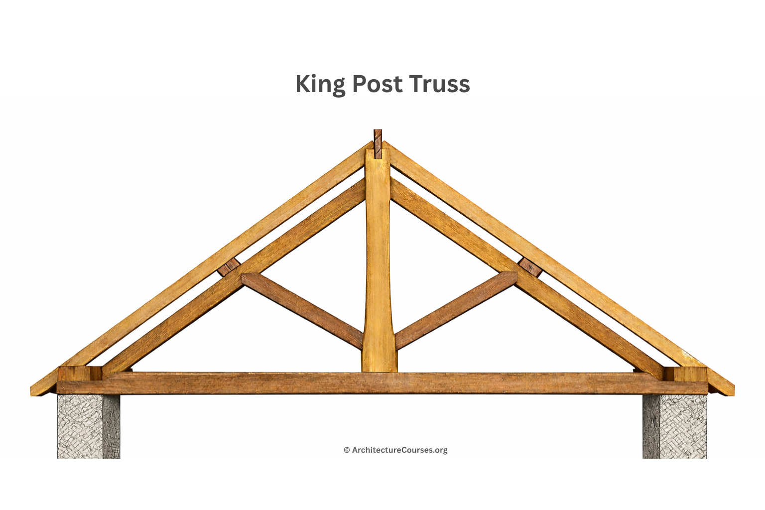 Technical drawing of a king post truss with central vertical post and angled rafters.