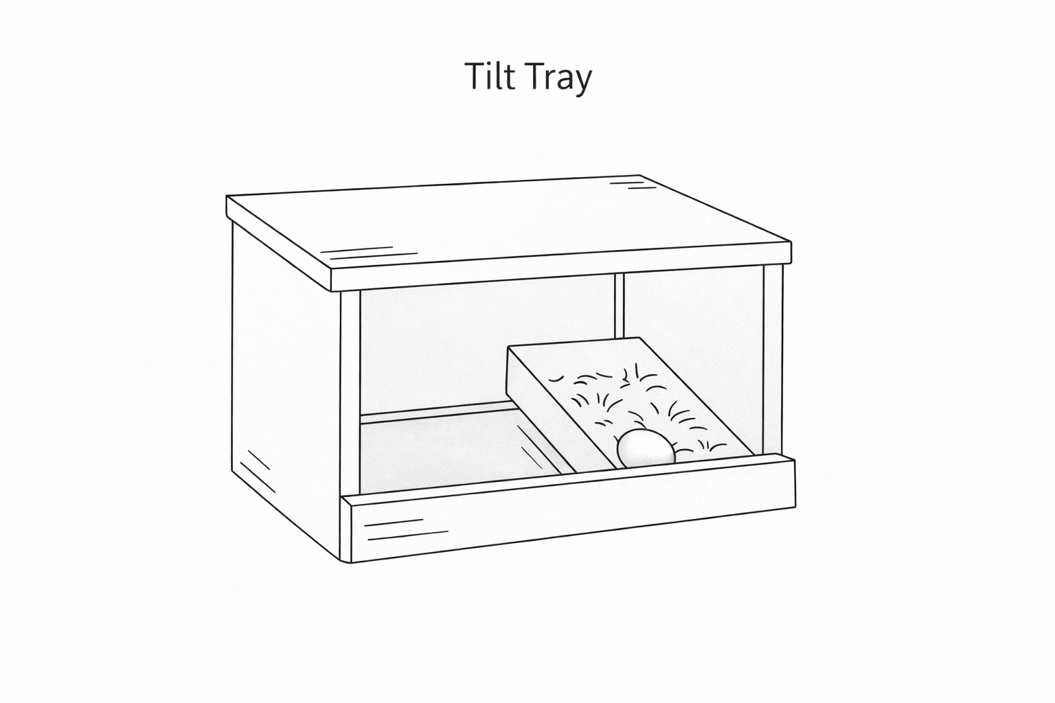 Simple lazy-builder chicken nest box diagram with a tilted tray that lets eggs roll forward.