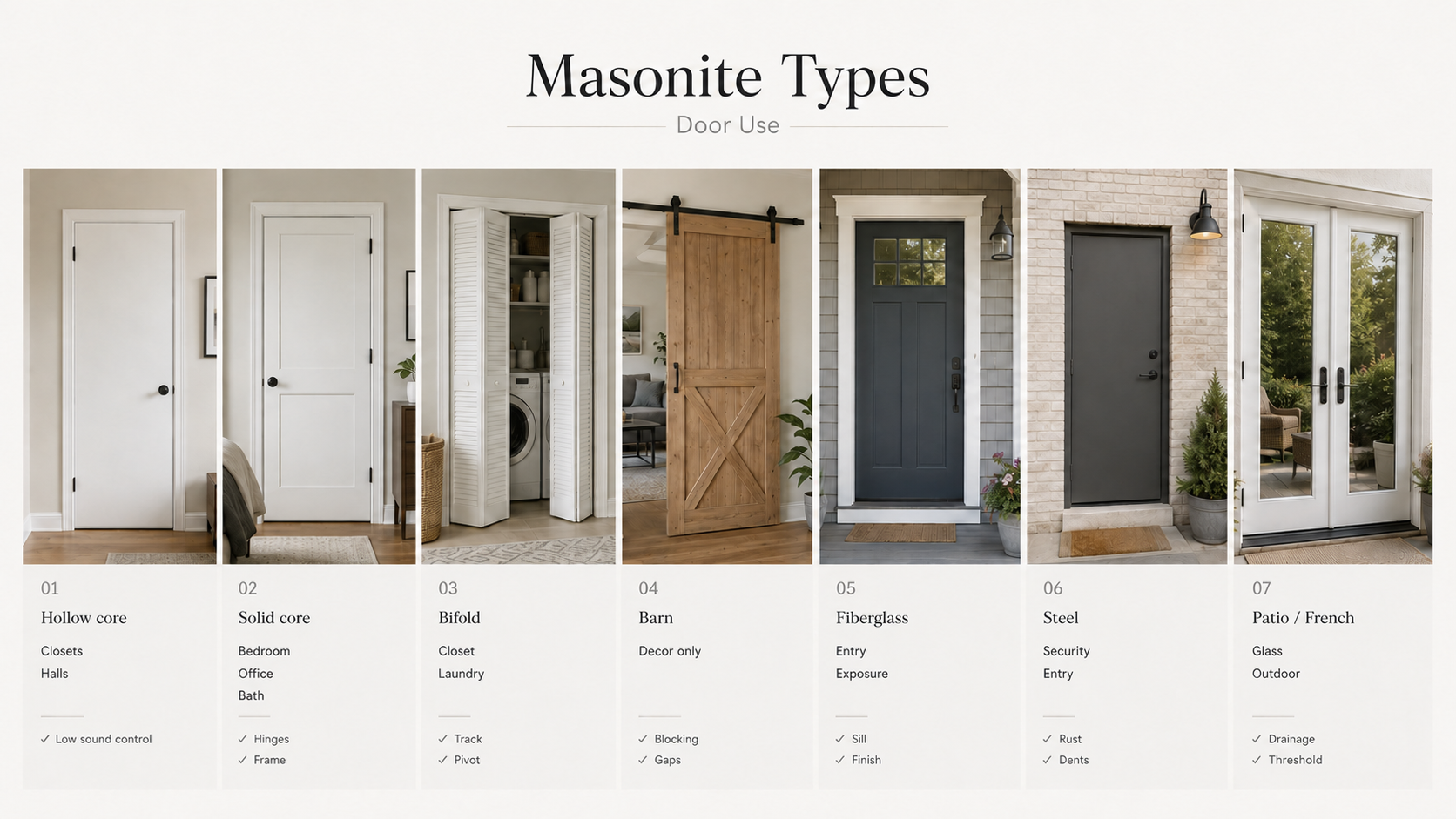Masonite door types shown by use, including hollow core, solid core, bifold, barn, fiberglass, steel, and patio or French doors with common rooms and buying checks.