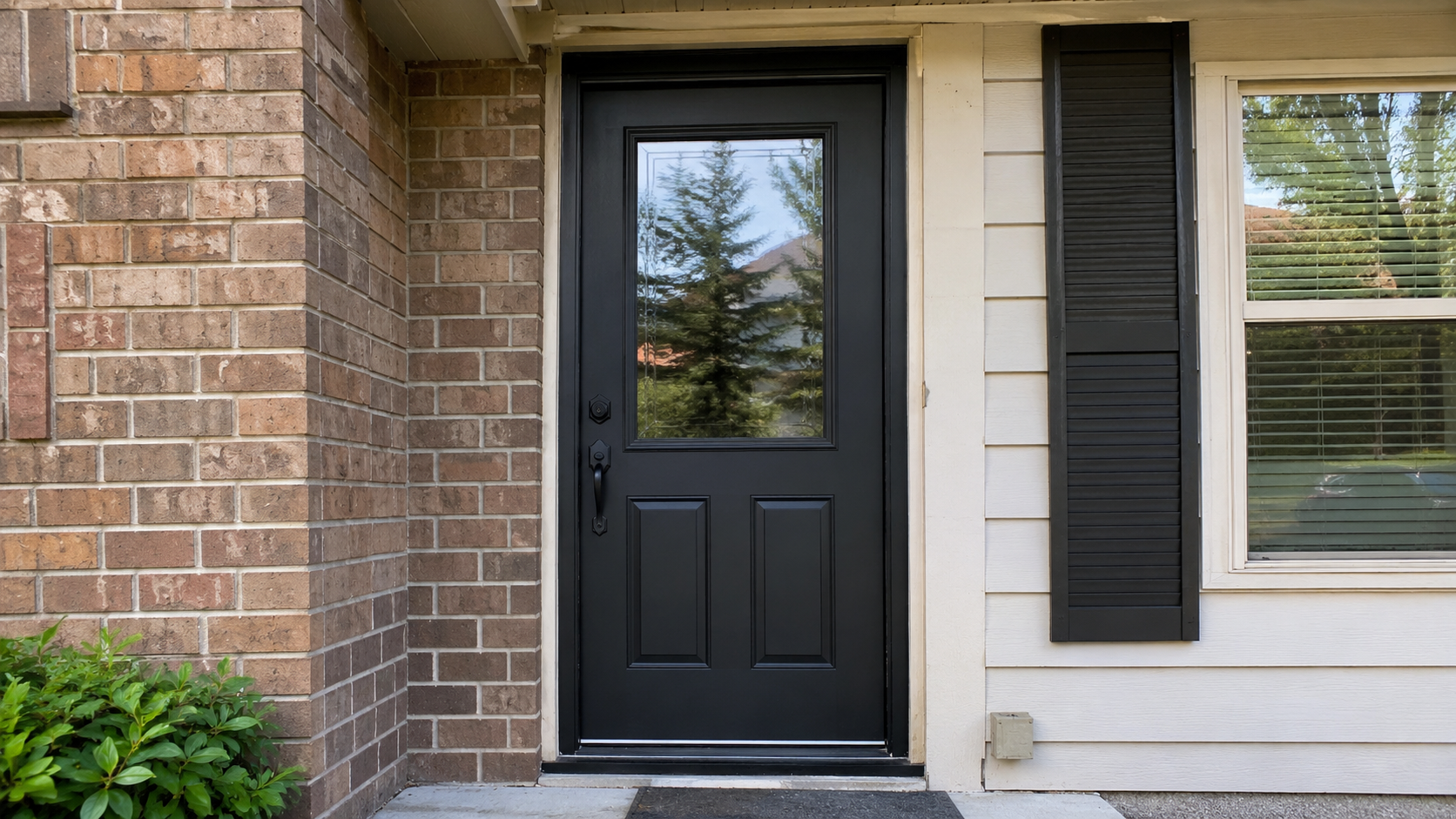 Black Masonite-style exterior door with a small upper glass lite, lower molded panels, dark hardware, brick wall surround, and a visible threshold.