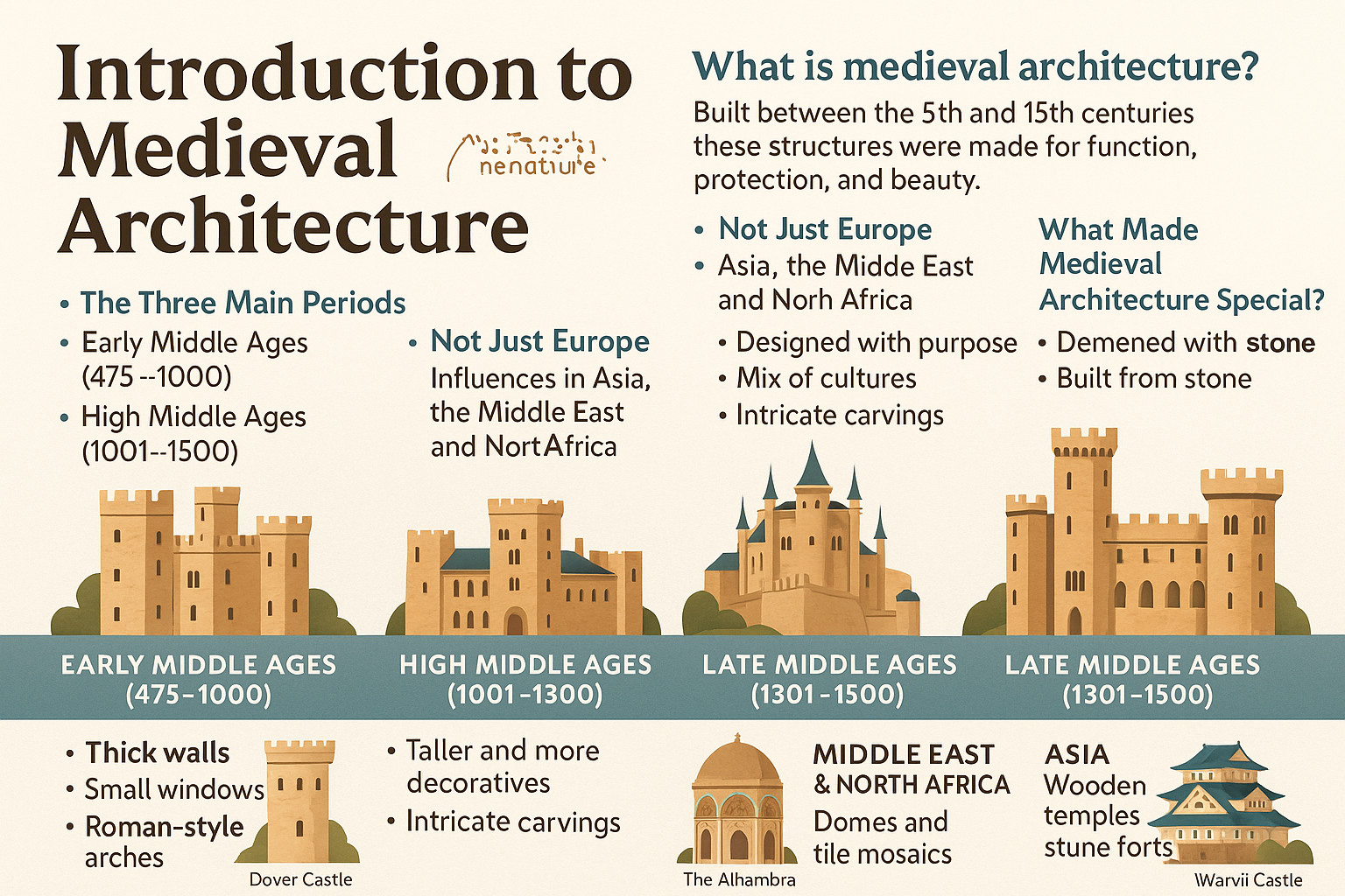 A diagram showing a medieval architecture timeline from early to late periods, comparing walls, openings, roofs, towns, and defense without religious buildings.
