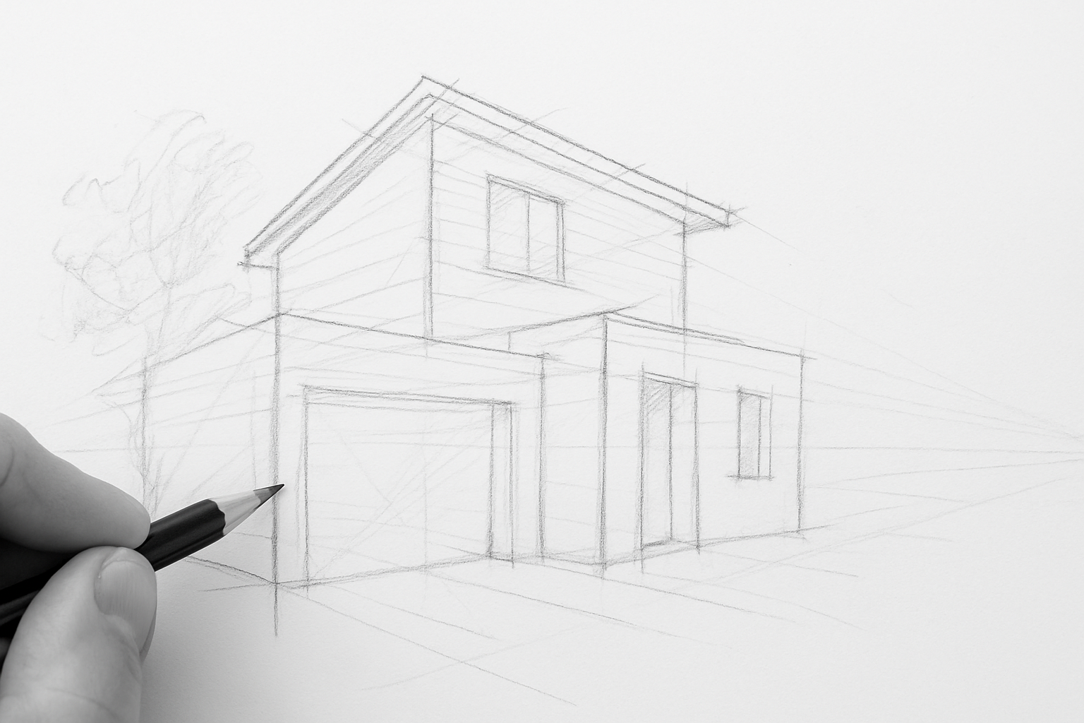Hand drawing a modern two-story house sketch in two-point perspective with pencil on white paper.
