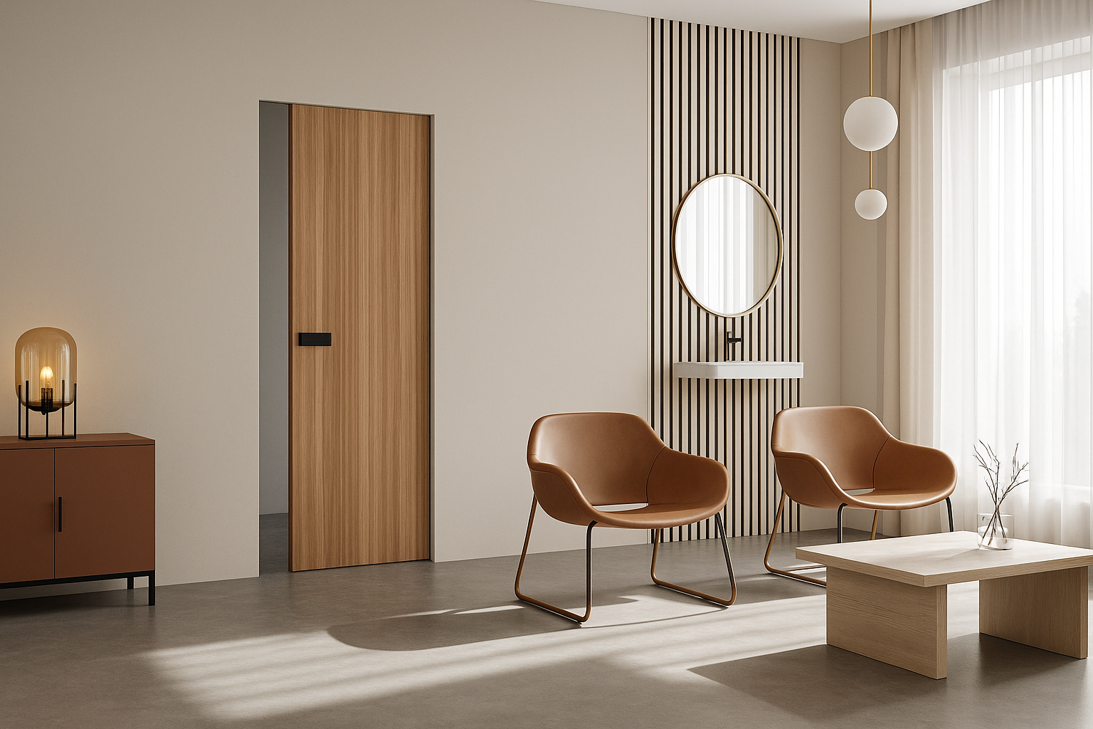 Modern living room with a minimalist wooden pocket door, neutral decor, and contemporary furniture.