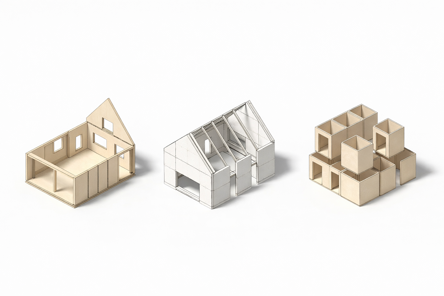 Comparison of panelized timber, SIP, and modular off-site building systems in axonometric view.