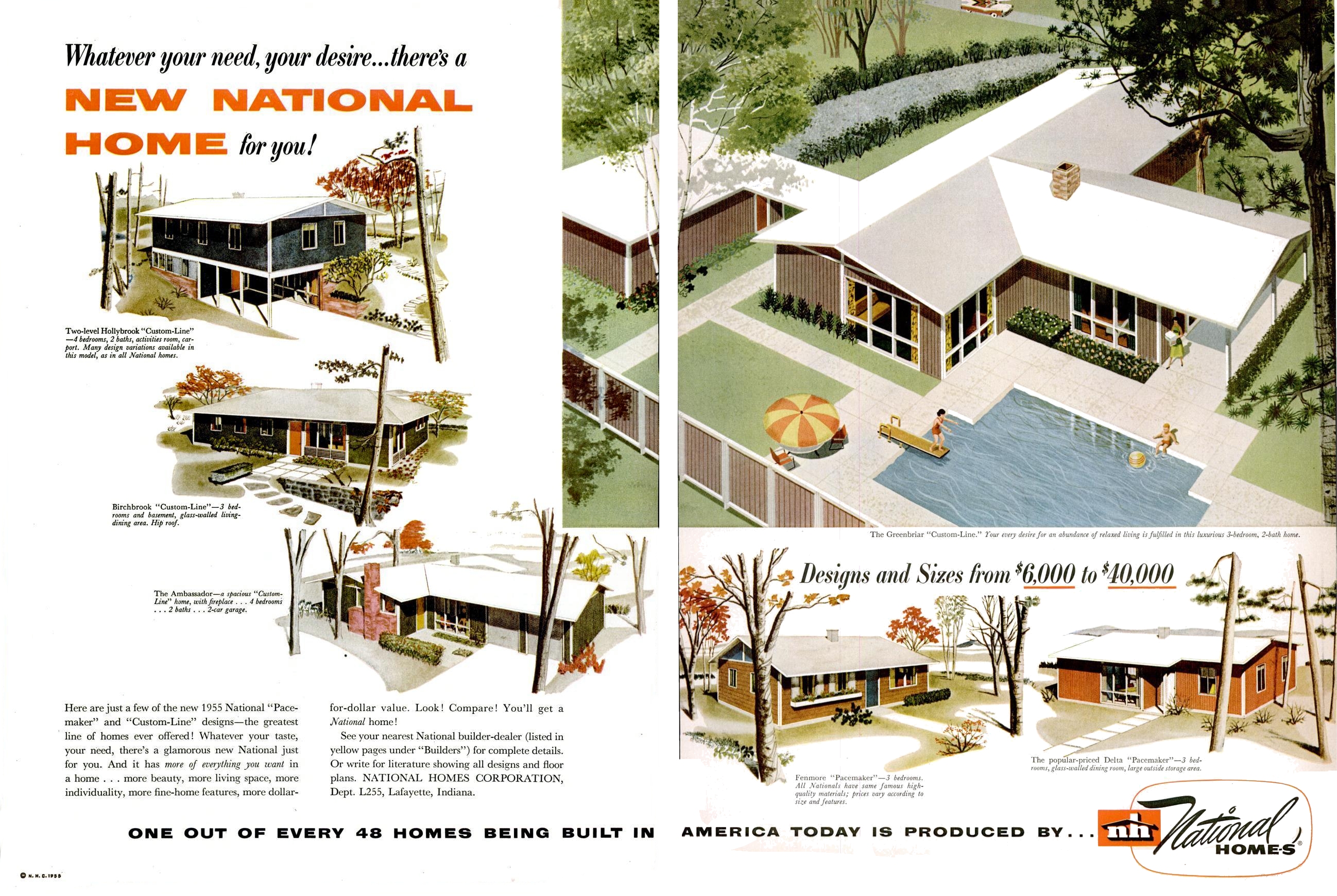 1955 home ad with blueprint and sections.