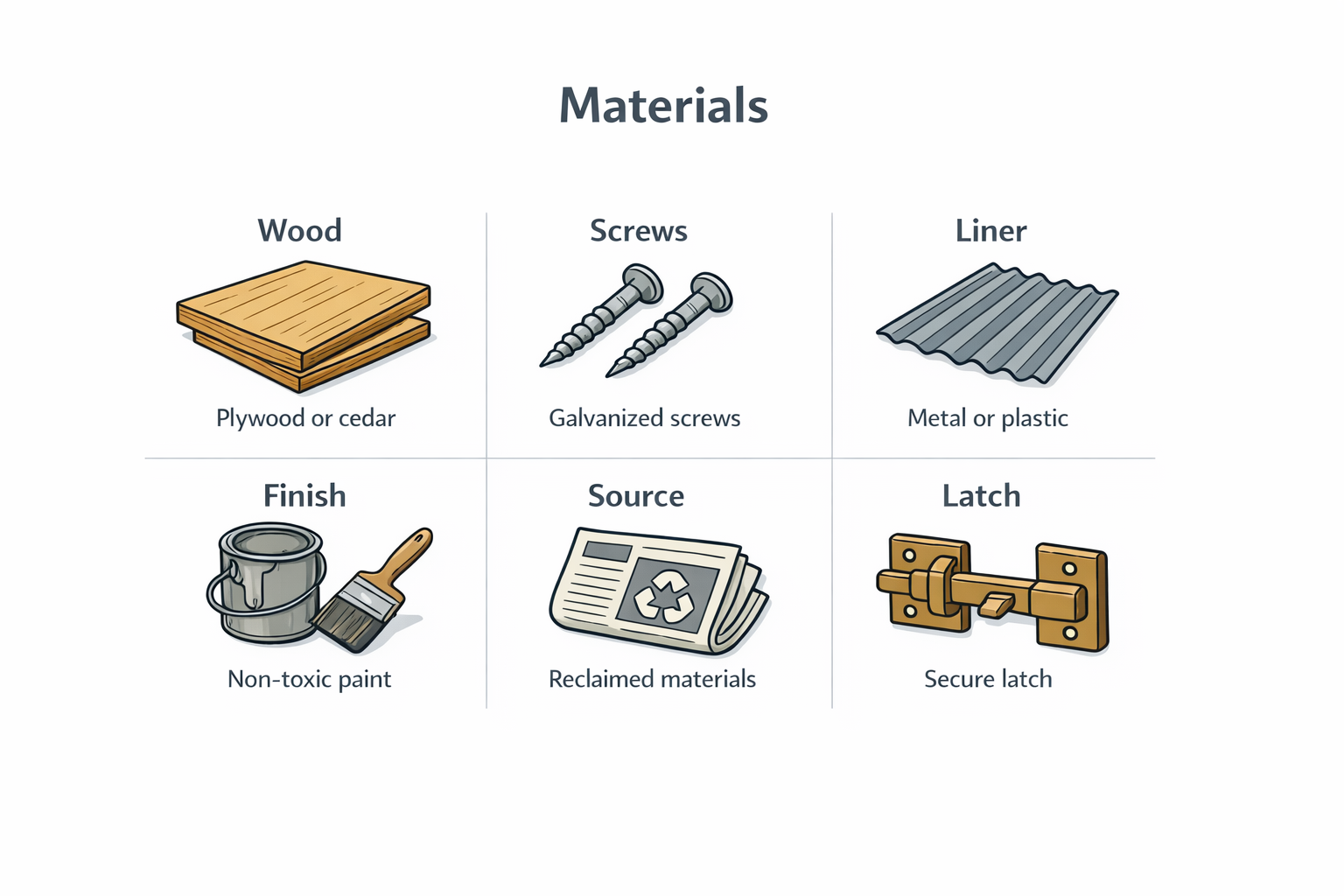 Diagram showing basic materials for a DIY roll-away chicken nest box.