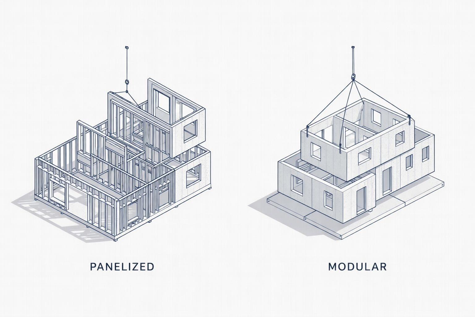 Panelized systems assemble framed wall sections on site, while modular systems place larger volumetric units.