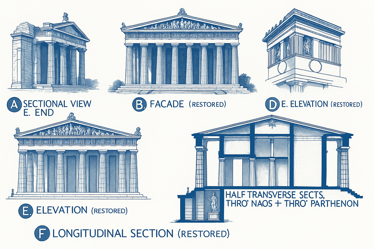 Six architectural blueprint-style illustrations of the Parthenon.