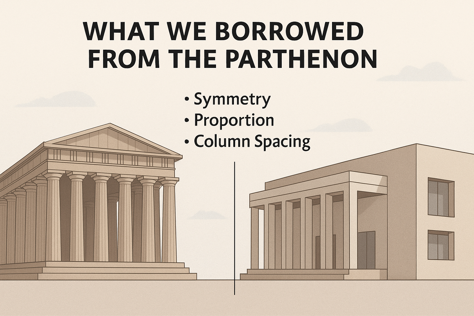 Side-by-side diagram showing the Parthenon and a modern building sharing symmetry and column layout.