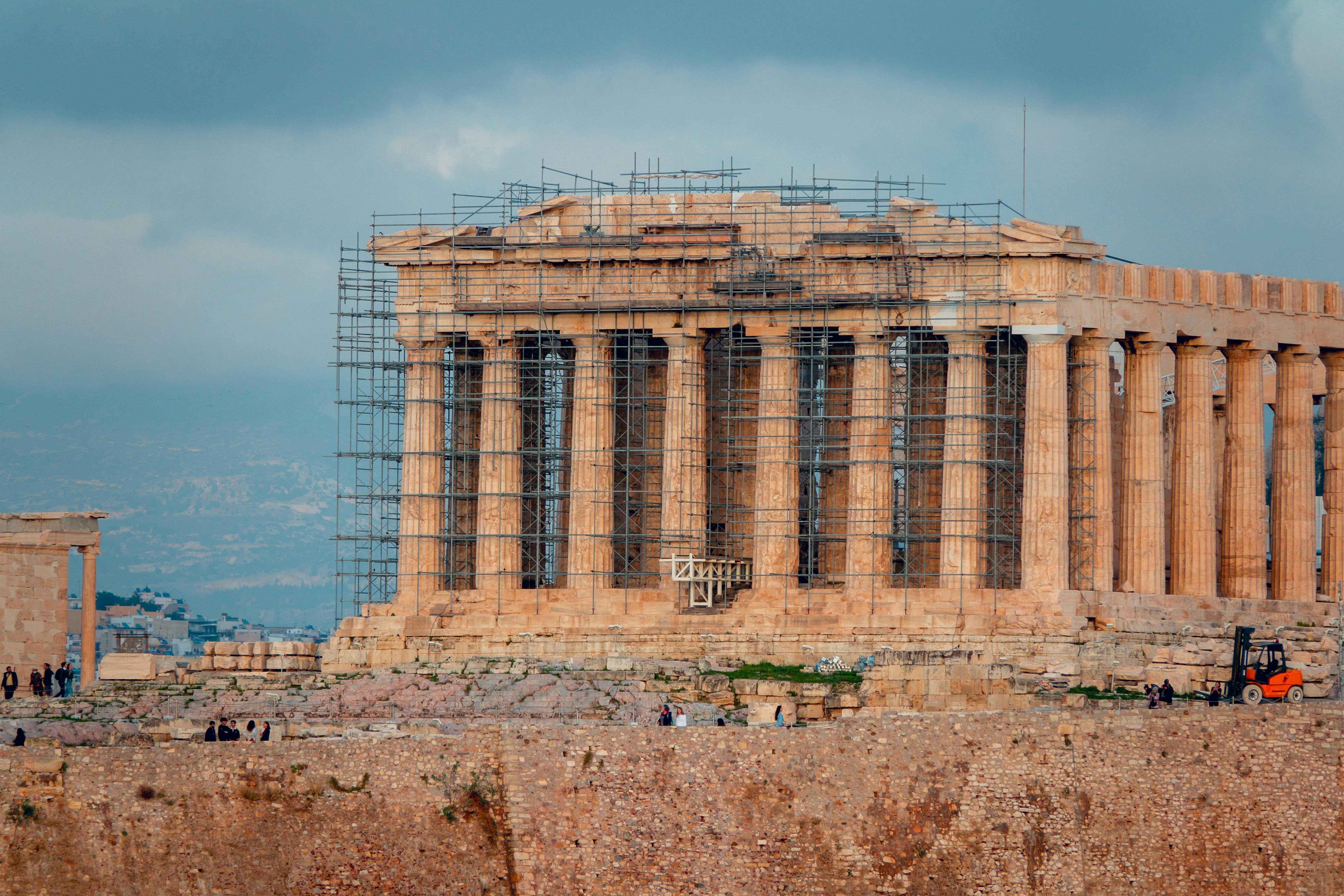 Restoration work on the Parthenon’s front columns.