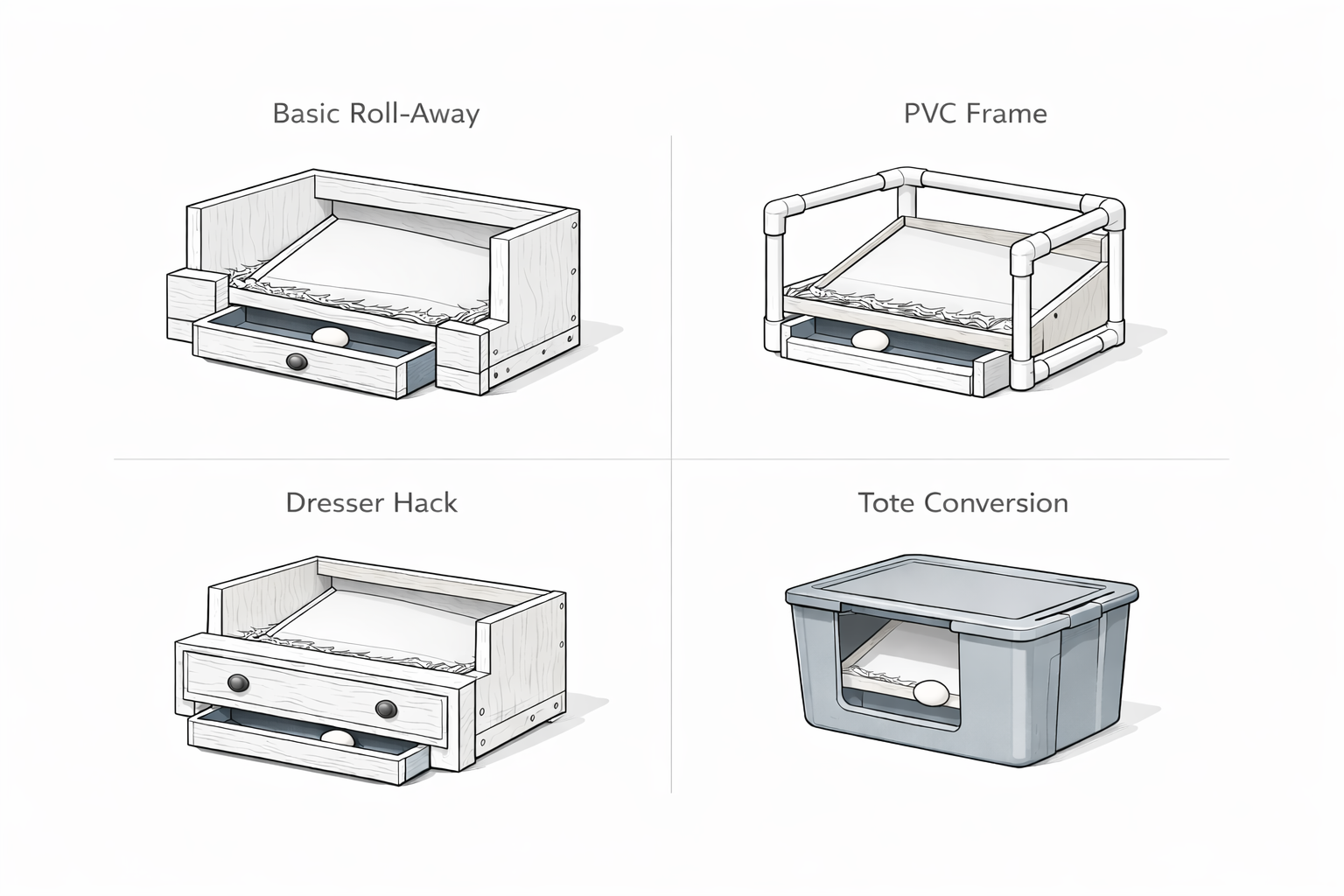 Comparison of four DIY chicken nest box ideas with lower-slope roll-away designs.