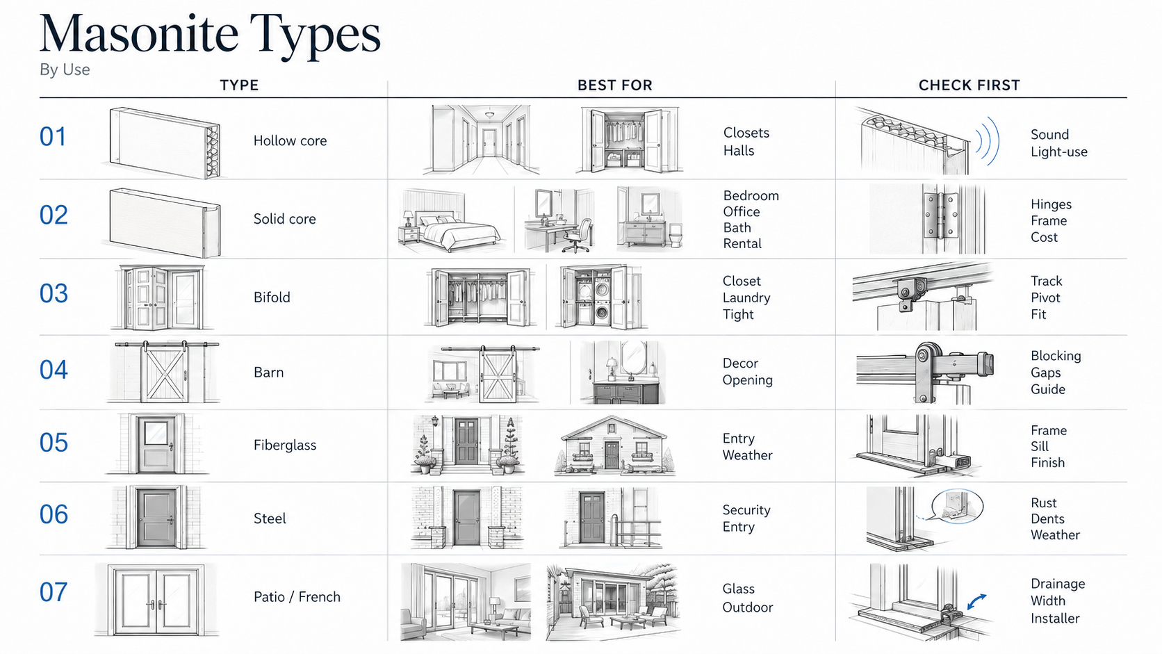 Comparison diagram showing Masonite door types by use, including hollow core, solid core, bifold, barn, fiberglass, steel, and patio or French doors, with where each type fits best and what to check before buying.