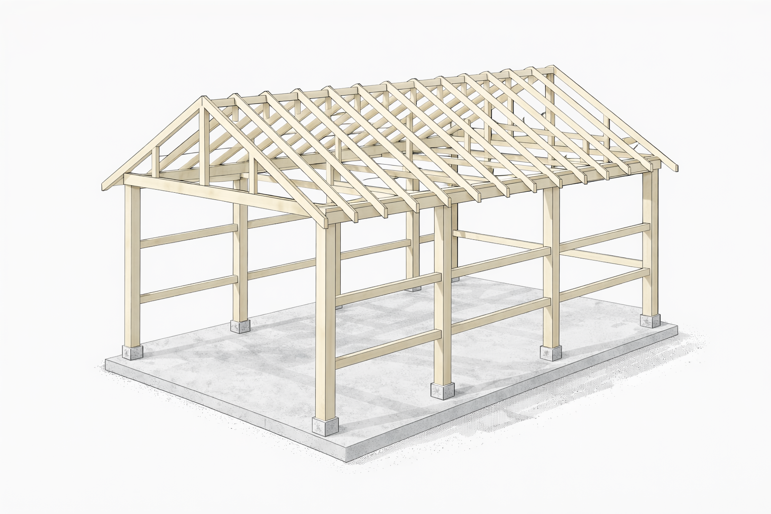 Residential post-frame structure showing widely spaced posts and horizontal girts over a slab.