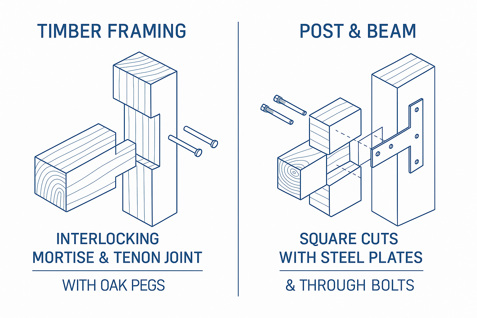 Side-by-side infographic comparing post and beam and timber frame construction, showing joinery, materials, and structural differences.