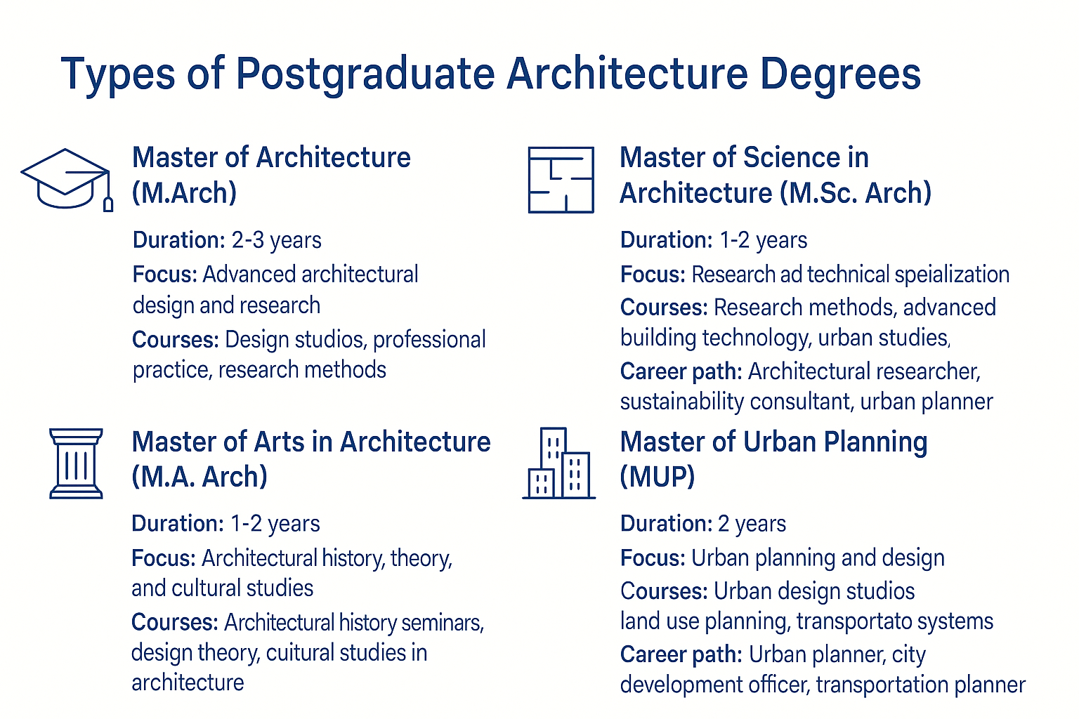 Infographic explaining M.Arch, M.Sc. Arch, M.A. Arch, and MUP degrees with details on duration, focus, courses, and career paths.