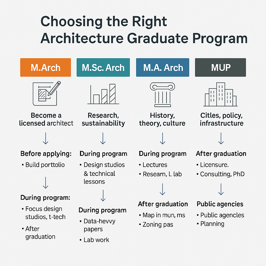 Visual guide key differences M.Arch M.Sc. Arch M.A. Arch MUP career study paths steps