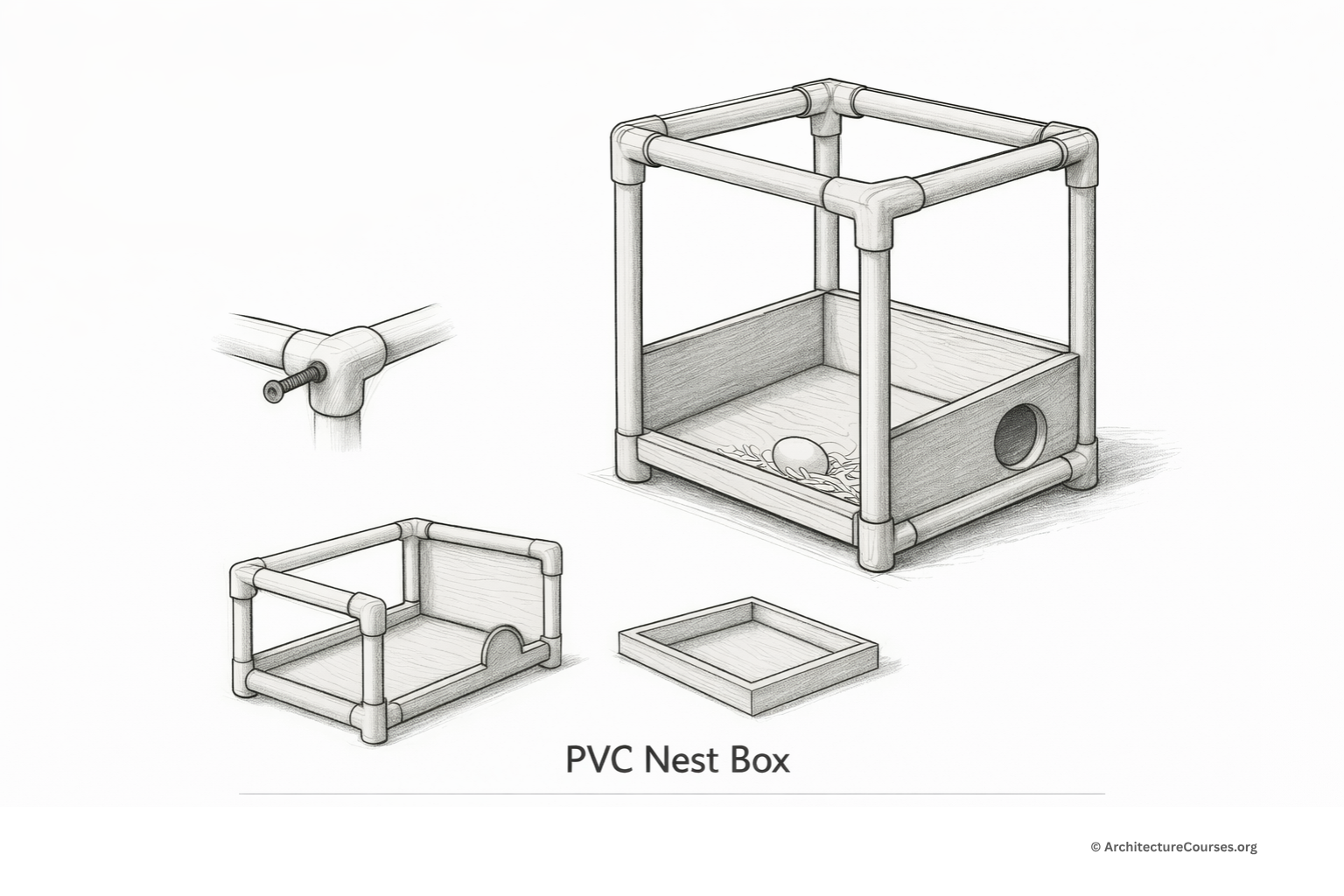 PVC-framed chicken nest box diagram showing a pipe frame, plywood panels, and removable tray.