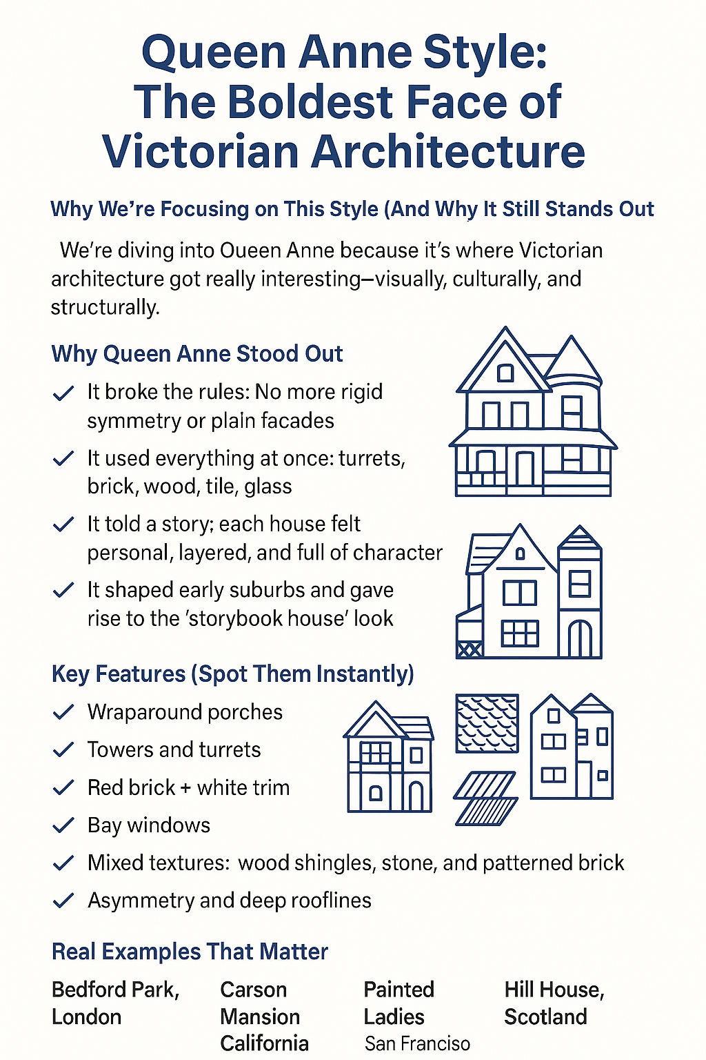 Queen Anne-style Victorian house with wraparound porch, turrets, and mixed materials.