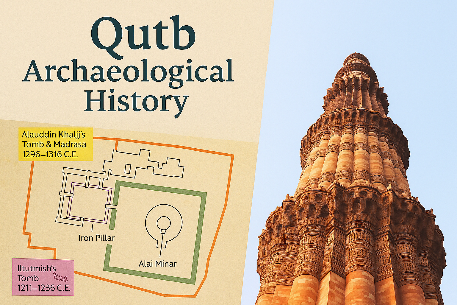 The layout of the Qutb Complex showing a reconstructed plan with Qutb Minar, Alai Minar, and key architectural elements.