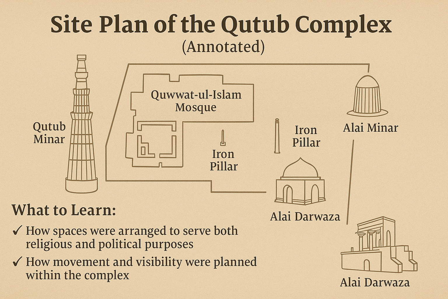 Illustrated site plan of the Qutub Complex with labeled structures including Qutub Minar, Alai Minar, Alai Darwaza, Iron Pillar, and surrounding mosques and tombs.