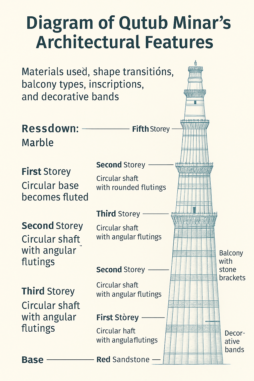 Visual guide to Qutub Minar's five-story structure, highlighting material use, shape shifts, inscriptions, and ruler-specific architectural elements.