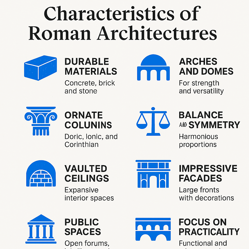 Infographic showing core features of Roman architecture using blue icons and simple labels.