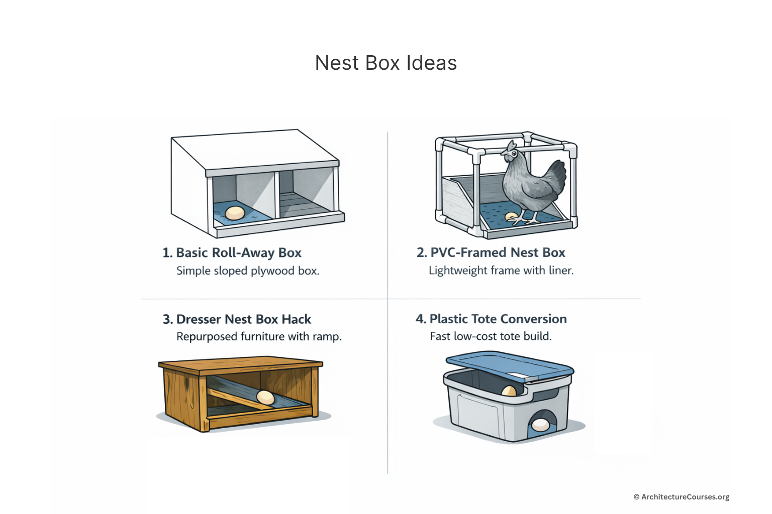 Comparison diagram showing four DIY roll-away chicken nest box ideas.