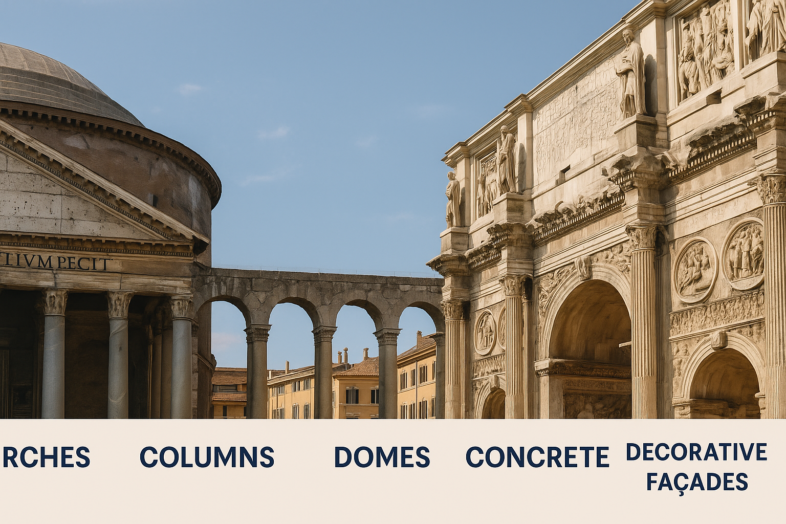 Arches, columns, domes, and decorative facades in ancient Roman architecture.