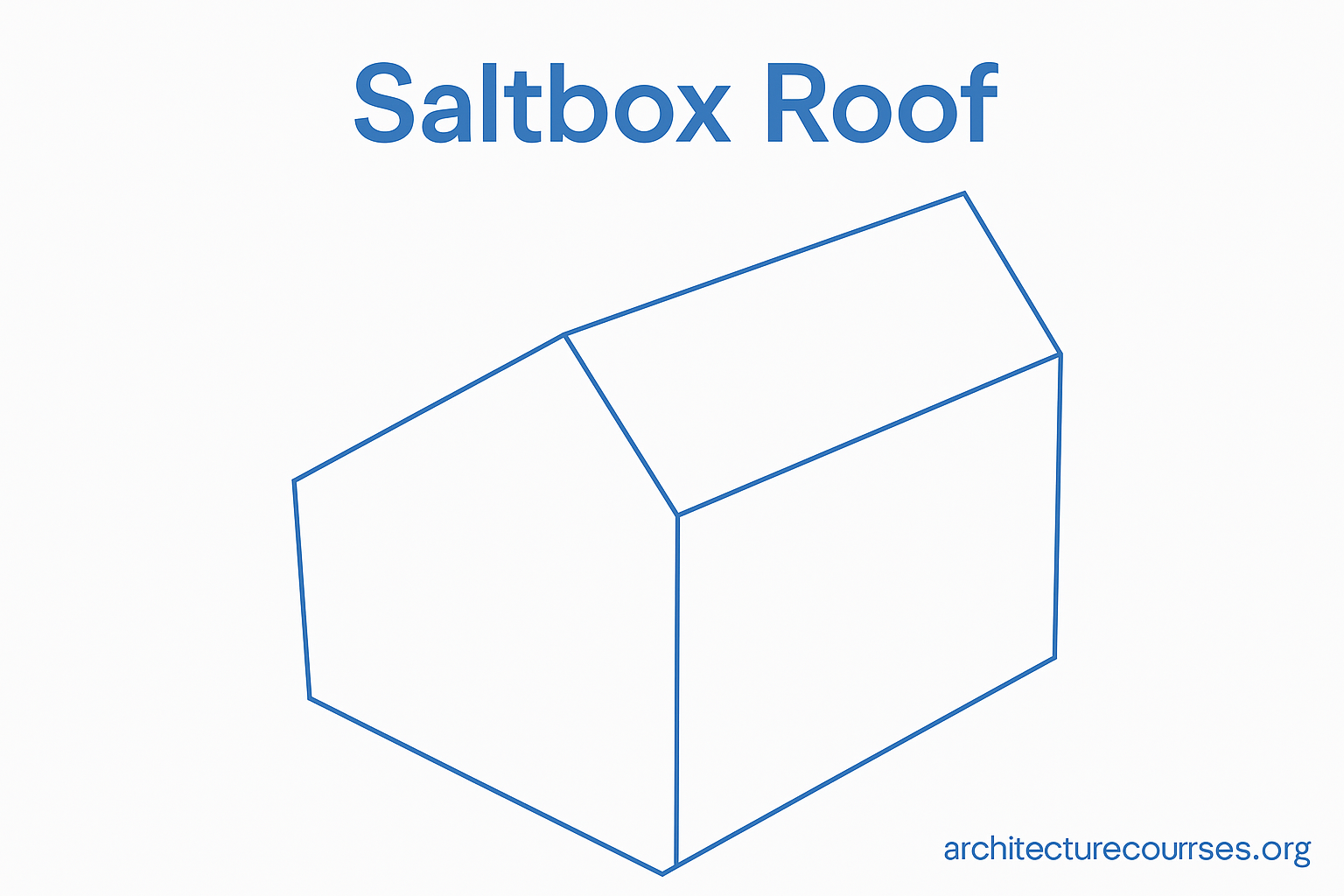 An illustration of a house with a saltbox roof, featuring asymmetrical slopes.
