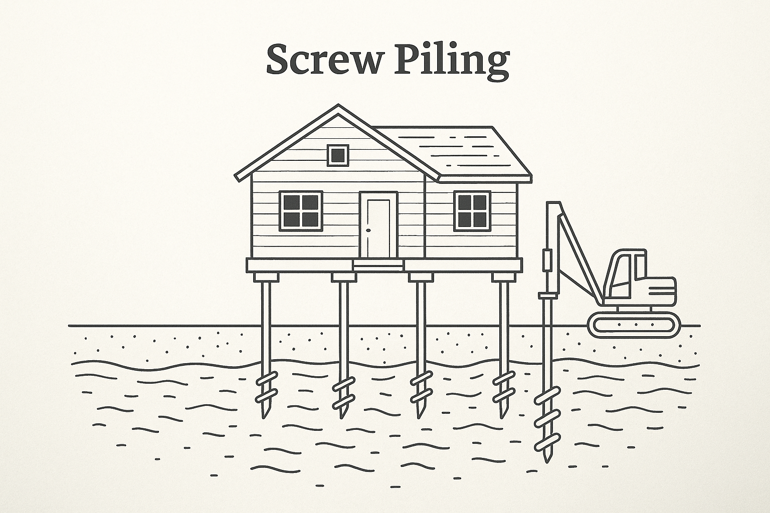 Sketch of a coastal house elevated on screw piles with drilling equipment in action