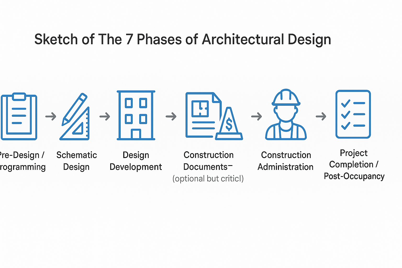 Infographic showing the seven phases of architectural design.