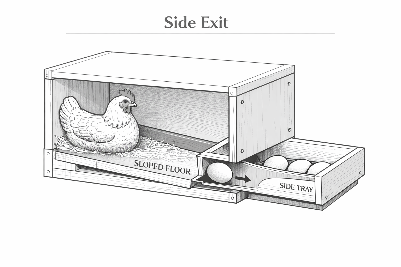 DIY roll-away chicken nest box with a sloped base that lets eggs exit through a side door for easy collection in tight coops.
