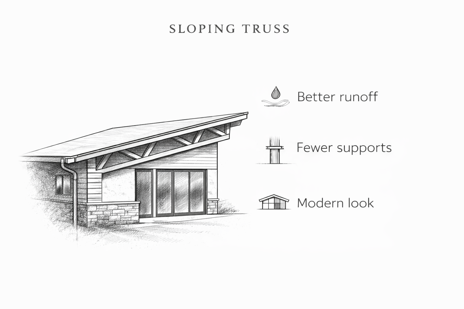 Low-slope roof truss diagram with drainage, fewer supports, and modern design benefits.