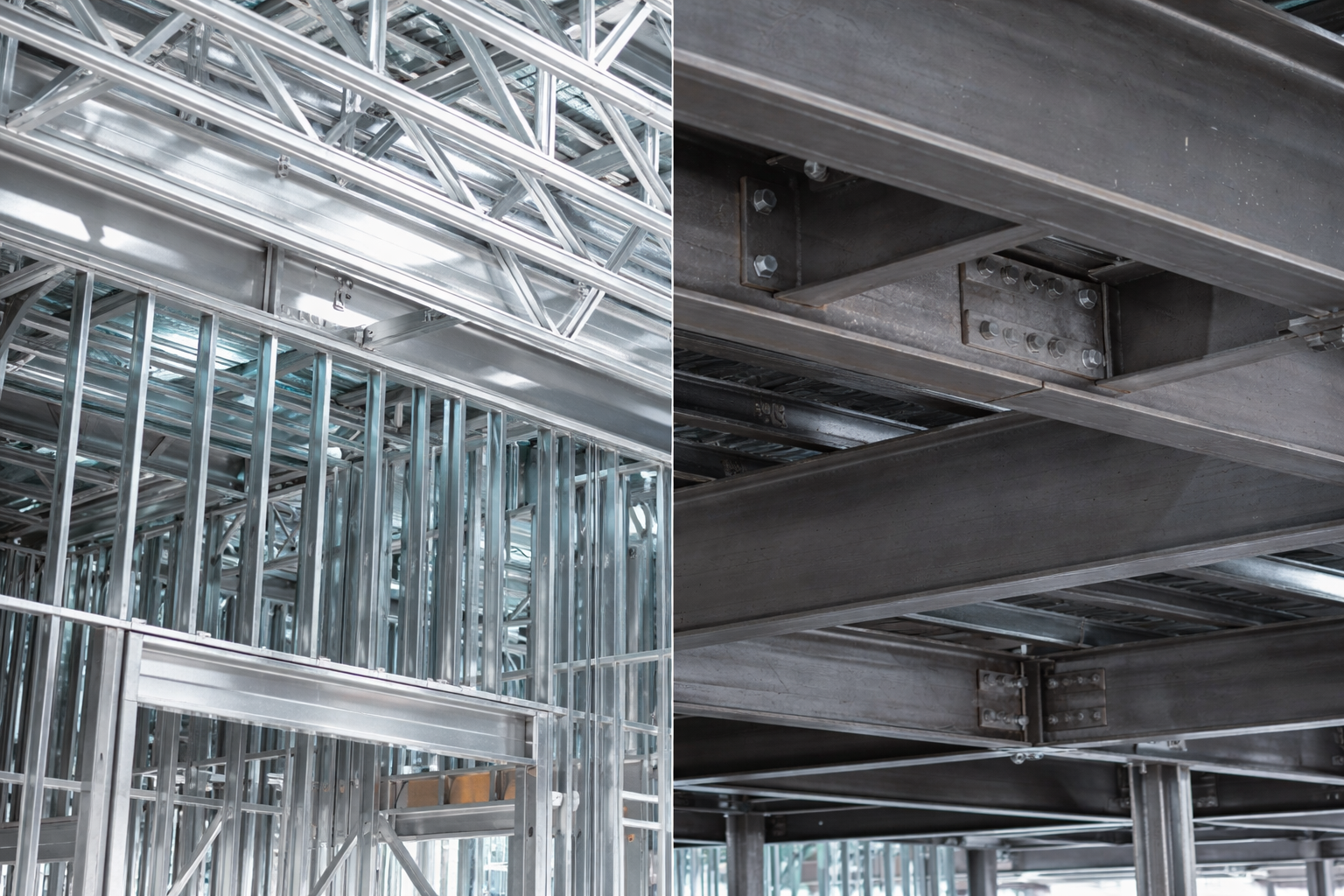 Cold-formed steel framing and structural steel framing shown side by side.