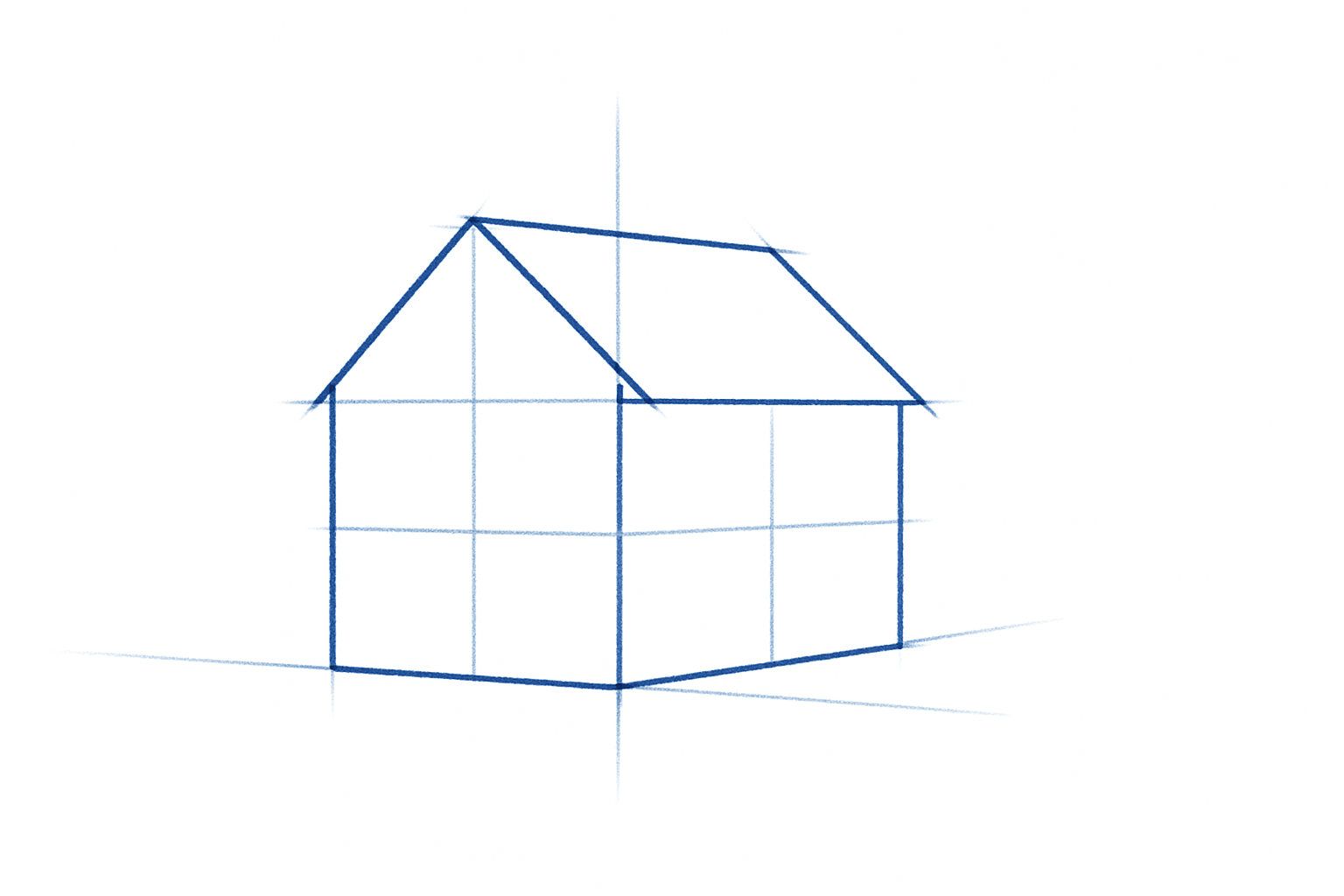 Draw vertical and horizontal centerlines to help with symmetry and layout. Then add internal wall divisions inside the building box.