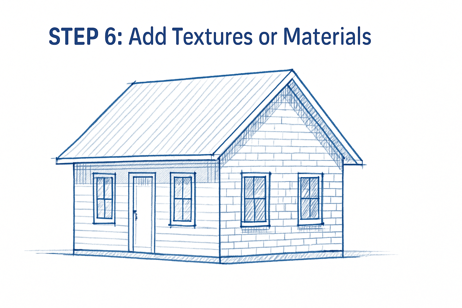 Add light shading and simple patterns to suggest materials like brick, wood, or stone. Use hatching or lines sparingly to keep the architectural look clean.