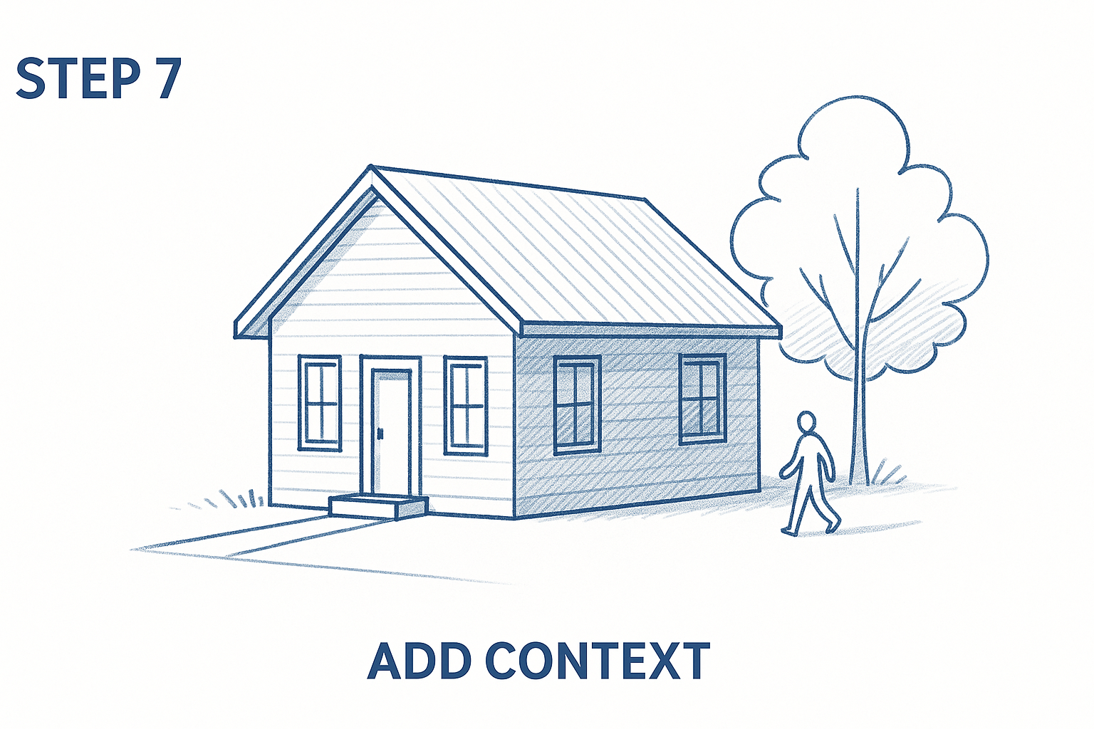 Add simple context elements like ground lines, a sidewalk, trees, and small human figures to give a sense of scale and life to the drawing. Keep these elements minimal to avoid clutter.