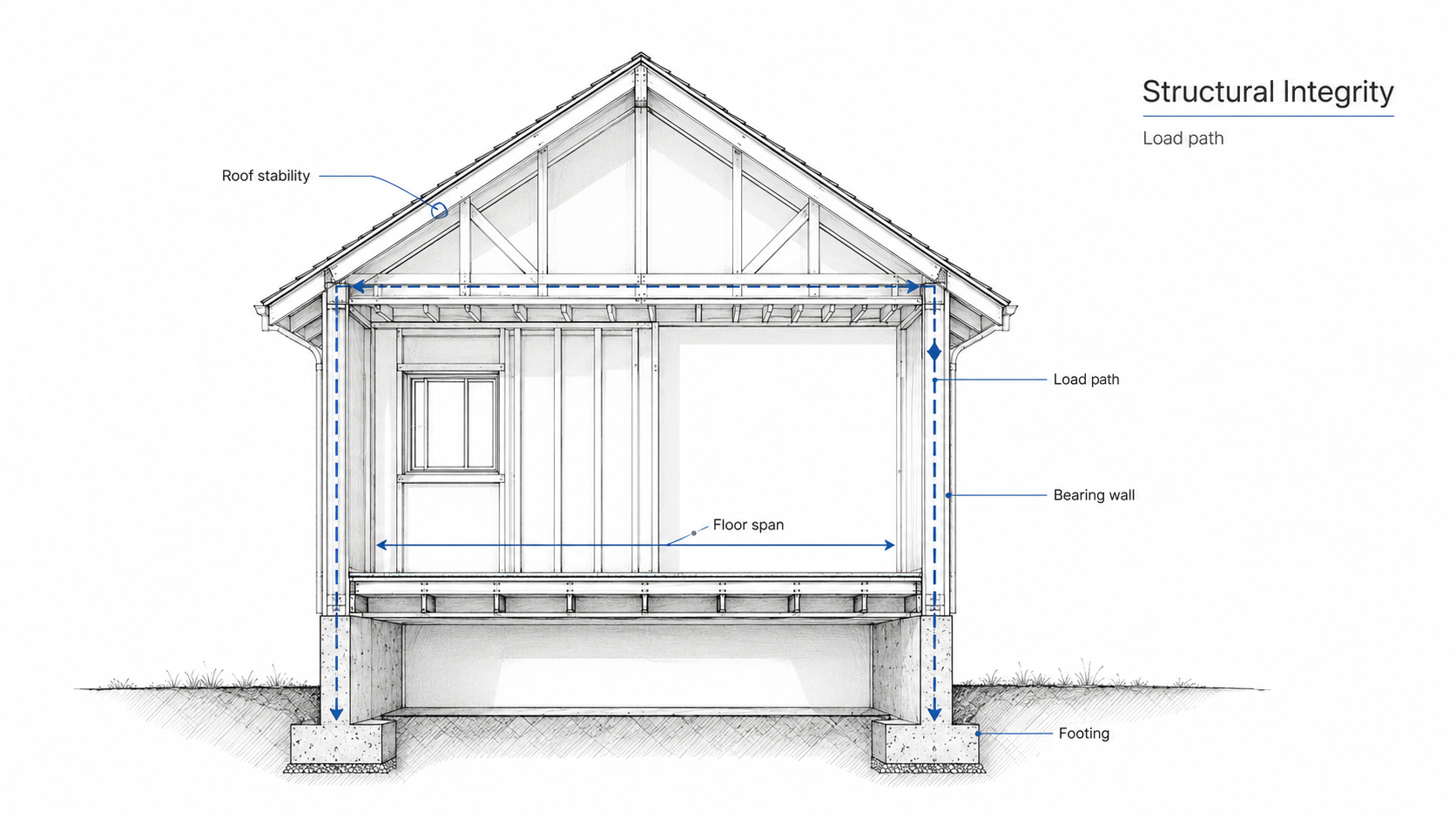 Architectural structural integrity diagram showing roof load, bearing walls, floor span, load path, and footing in a house section.