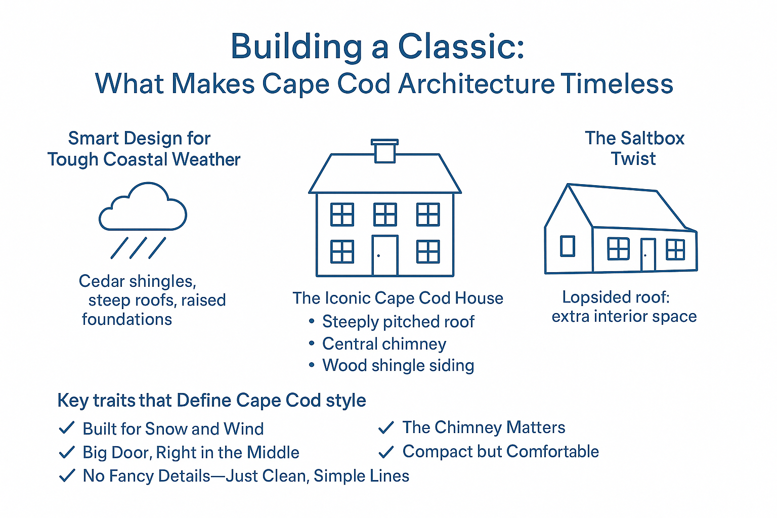 Infographic explaining Cape Cod architecture’s timeless design and key features