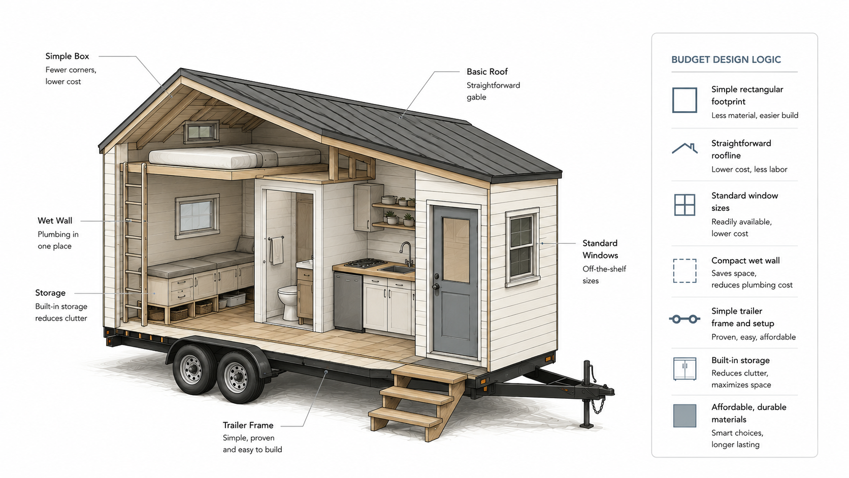 Budget tiny house on wheels cutaway showing a simple roof, compact wet wall, built-in storage, standard windows, and basic trailer frame.